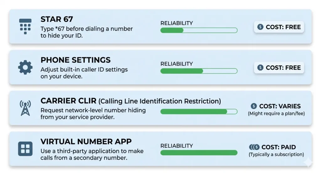 Infographic comparing four methods to hide phone number when calling showing reliability and cost of star 67 phone settings CLIR and virtual number apps