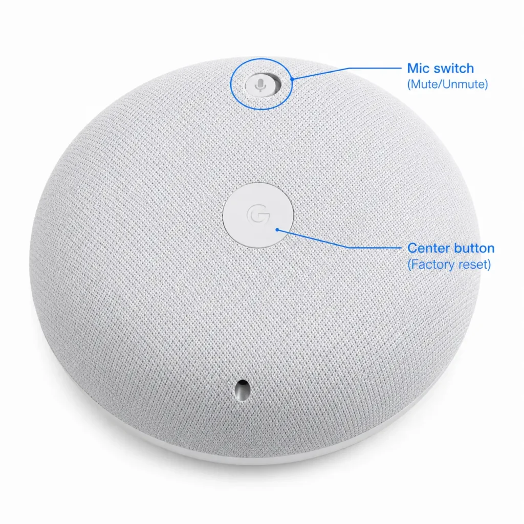 Product photo of Google Home Mini showing the physical mic switch on top of the device
