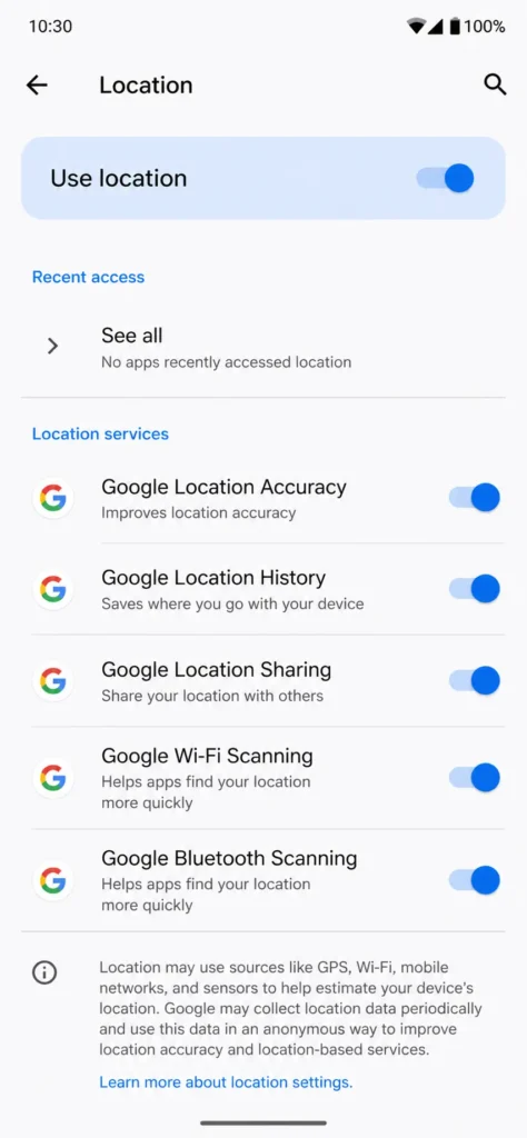 Screenshot of Android Settings showing Location Services toggle switch turned on (blue/enabled state)