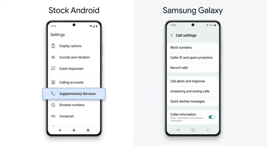 Side by side comparison of stock Android and Samsung Galaxy settings screens showing how to hide phone number when calling on Android