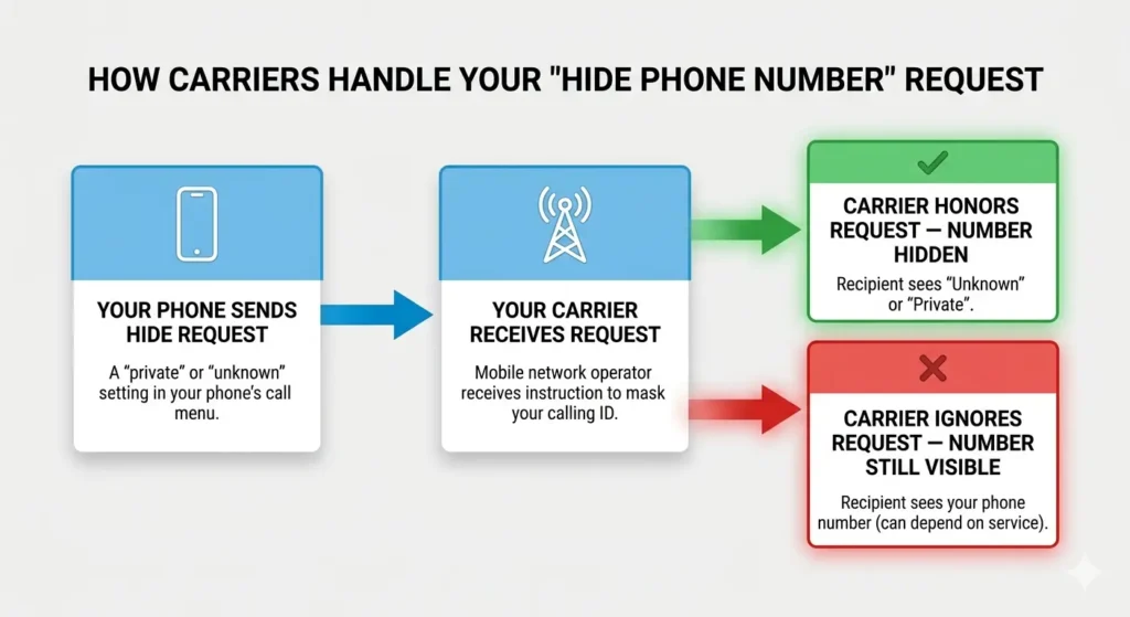 Flowchart diagram showing how a mobile carrier can override your phone settings and still show your number when calling even with caller ID hidden