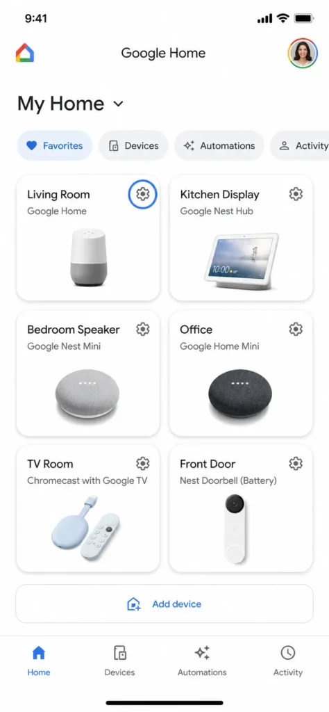 Screenshot of Google Home app showing device card with settings gear icon in the top-right corner