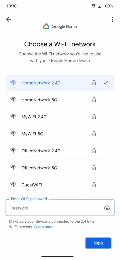 Screenshot of Google Home app displaying available WiFi networks list with SSID names and signal strength indicators