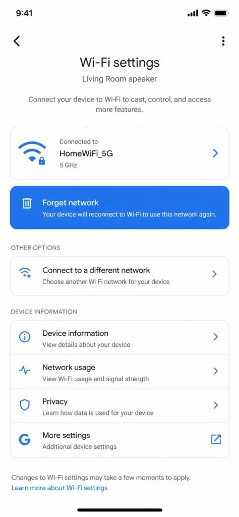 Screenshot of Google Home app WiFi settings menu showing the Forget network option/button

