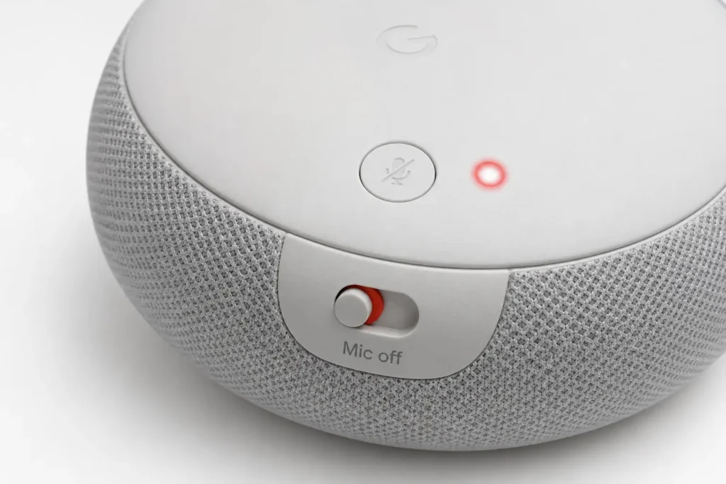 Close-up photo of Google Home Mini mic switch in OFF position with red light indicator illuminated