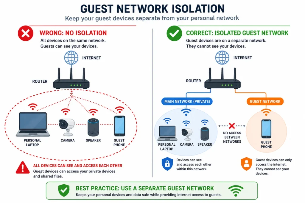 Split diagram comparing wrong guest network setup where all devices
are visible versus correct isolated guest network where visitor
devices cannot access home network devices