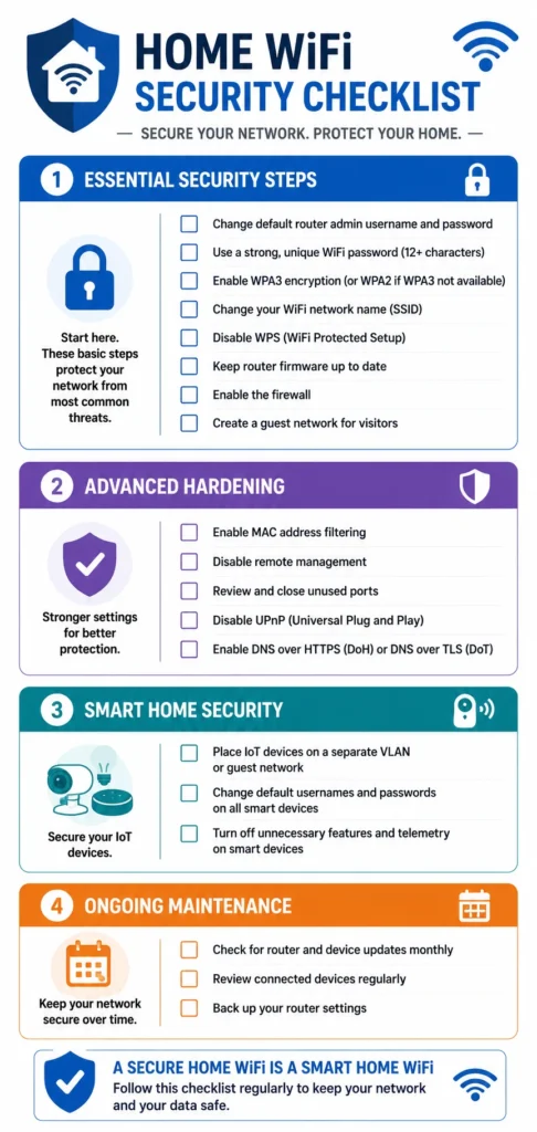 Complete home WiFi security checklist infographic showing essential
security steps, advanced hardening, smart home protection, and
ongoing maintenance tasks to keep your network secure