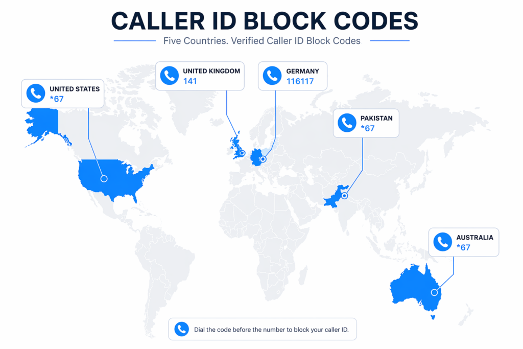 World map infographic showing caller ID block codes by country including star 67 for USA and hash 31 hash for Pakistan and 141 for UK