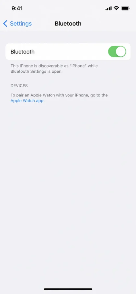Screenshot of iOS Settings showing Bluetooth toggle switched on (green/enabled) for iPhone setup

