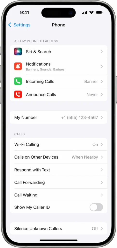 iPhone Settings screen showing Show My Caller ID option with toggle switched off to hide phone number when calling