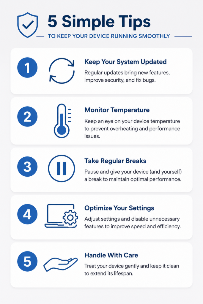 Checklist infographic showing five habits to prevent Lenovo laptop display issues including driver updates and overheating prevention