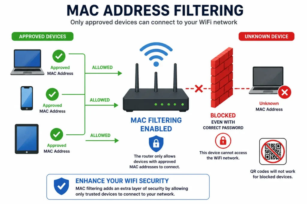 Diagram showing how MAC address filtering allows approved devices
with green checkmarks to connect while blocking unknown devices
with red X even when they have the correct WiFi password