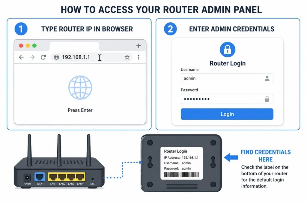 Two step diagram showing how to access router admin panel by typing
192.168.1.1 in browser address bar and entering admin login
credentials from router sticker