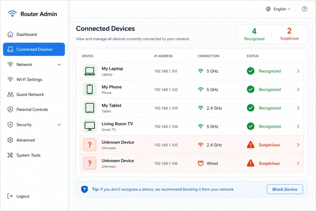 Router admin panel connected devices list showing recognized household
devices with green checkmarks and unknown intruder devices highlighted
in red warning indicators