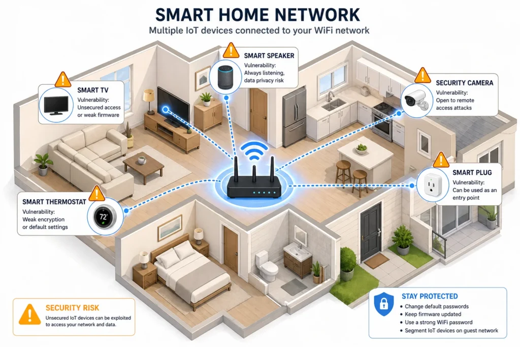 Flat illustration of smart home devices including speaker camera
thermostat and smart TV all connected to home WiFi router with
amber warning indicators showing IoT device security vulnerabilities