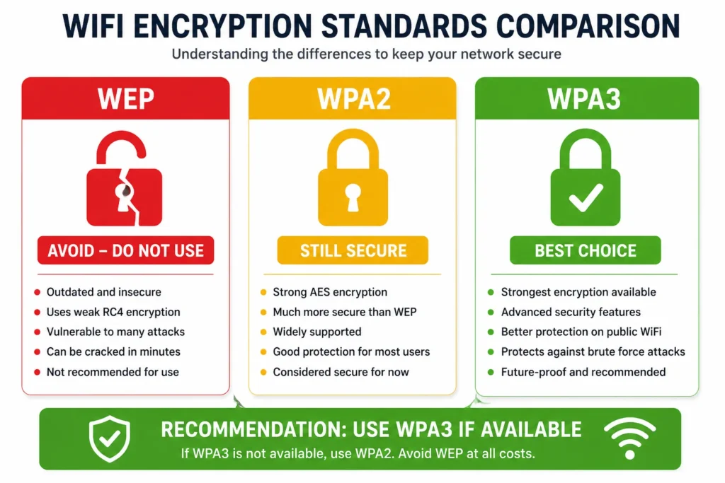 Three column comparison chart of WiFi encryption standards showing
WEP as broken and unsafe, WPA2 as secure, and WPA3 as the strongest
recommended encryption for home WiFi networks
