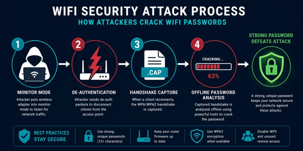 Four step diagram showing how a WiFi handshake capture attack works,
from monitor mode through de-authentication to offline password cracking,
with strong password shown as defense