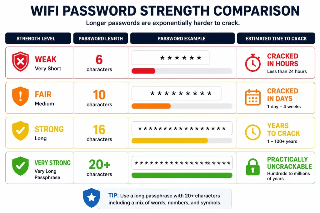 Infographic comparing WiFi password strength showing that 8
character passwords crack in hours while 16 plus character
passphrases take years using brute force tools