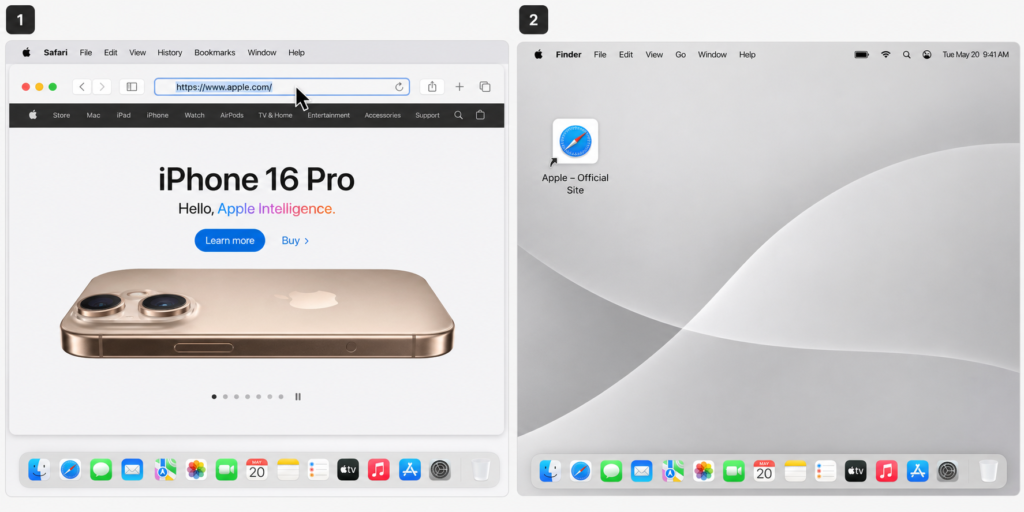 Two-step screenshot showing Safari browser address bar with highlighted URL, then Mac desktop with new website shortcut icon created from the drag-and-drop operation.