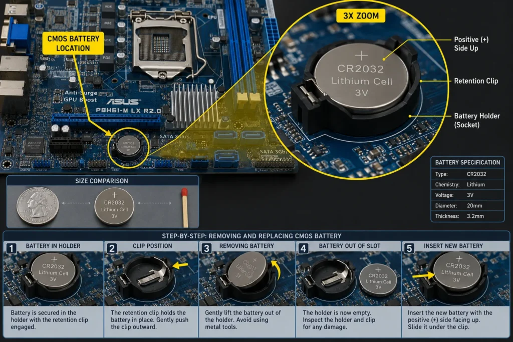 Close-up photograph of laptop motherboard showing CMOS coin cell battery holder with CR2032 battery location, removal, and reinsertion process