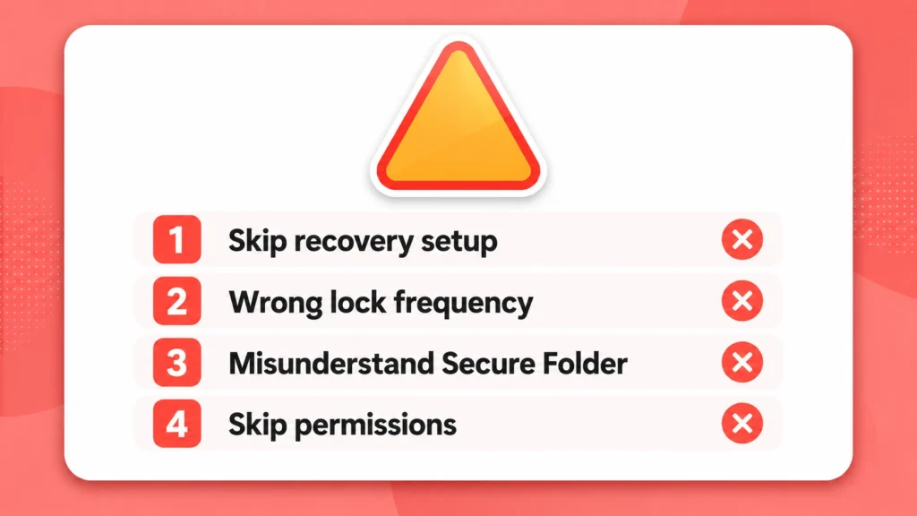 Warning infographic listing four common mistakes to avoid when setting up app lock on Android including skipping recovery account setup and wrong lock frequency settings