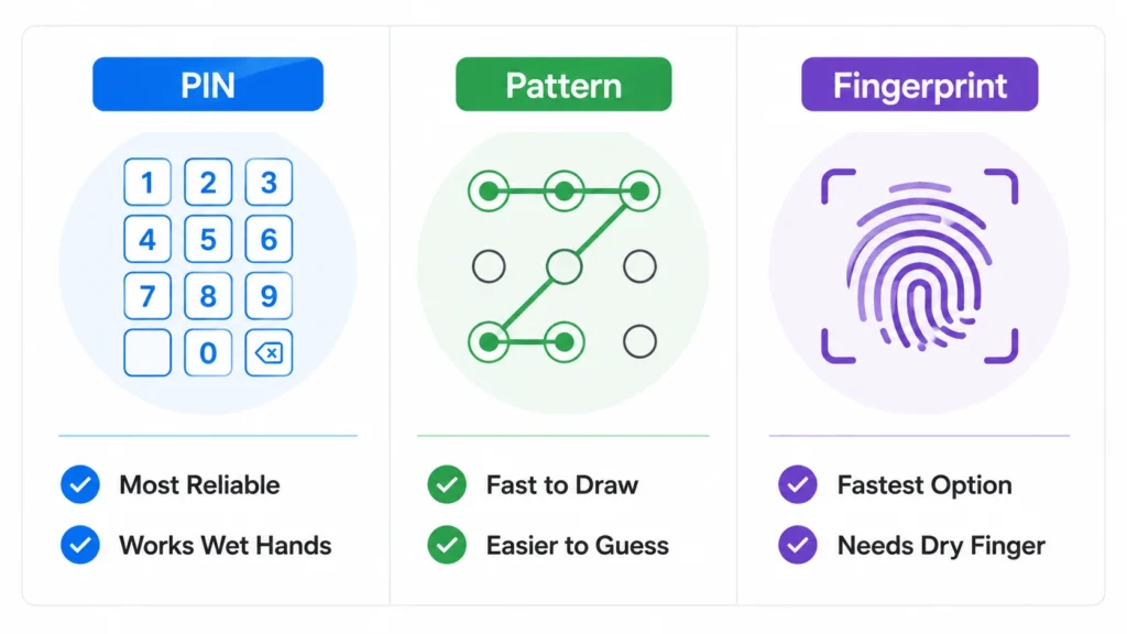 Comparison infographic showing three Android app lock authentication methods — PIN, Pattern, and Fingerprint — with pros and cons of each option