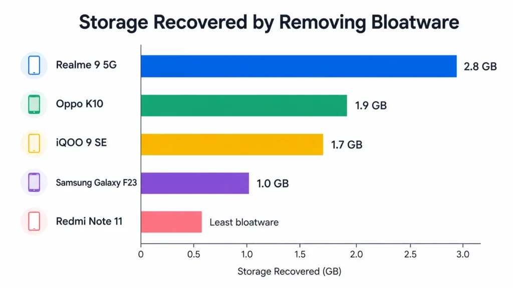 Bar chart showing storage space recovered after removing bloatware from five Android devices including Realme, Oppo, Samsung, iQOO, and Redmi