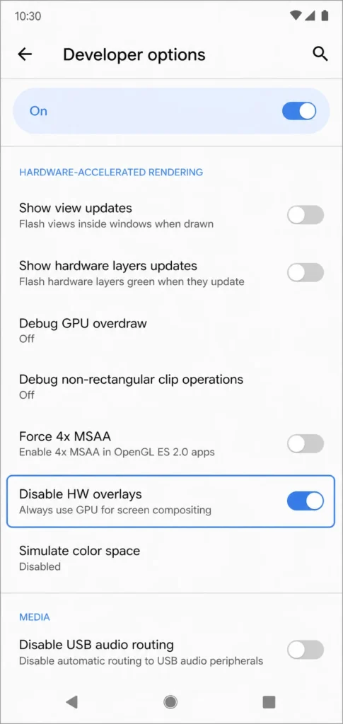 Android Developer Options screen showing the Disable HW Overlays toggle in Hardware-accelerated rendering section