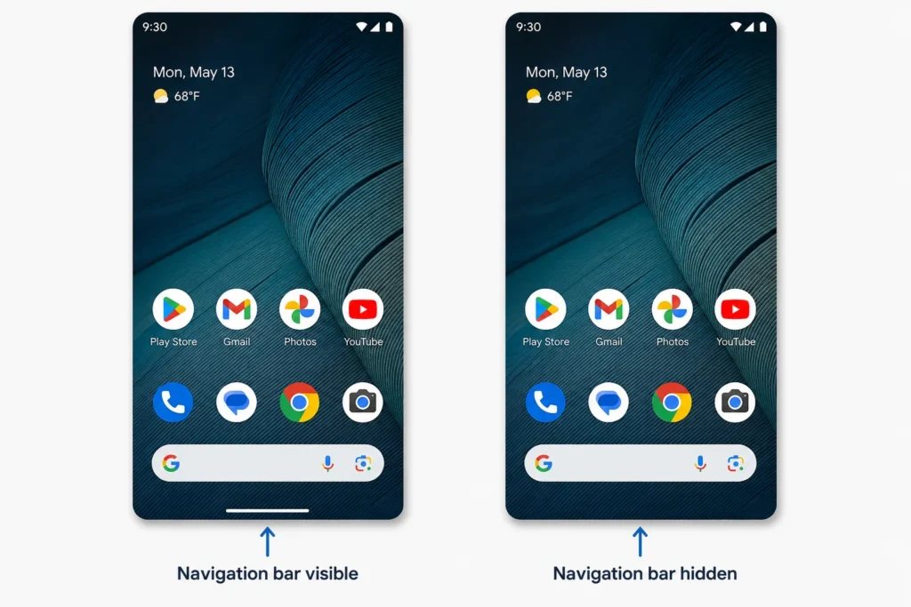 Android phone screenshot comparison showing gesture navigation bar at bottom of screen versus hidden navigation bar