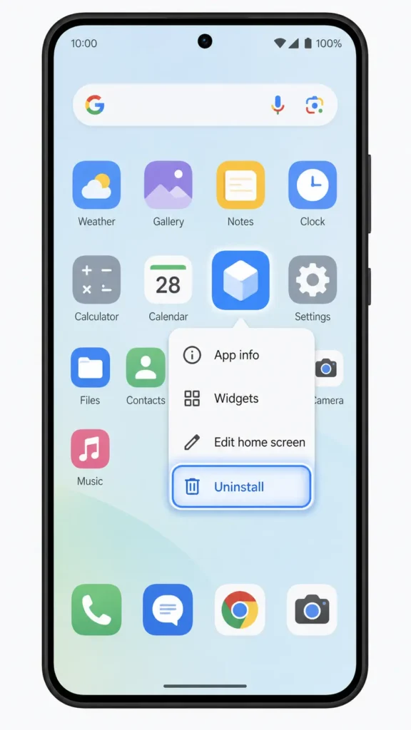 Android smartphone screen showing long press context menu with Uninstall option highlighted for removing an app from Android