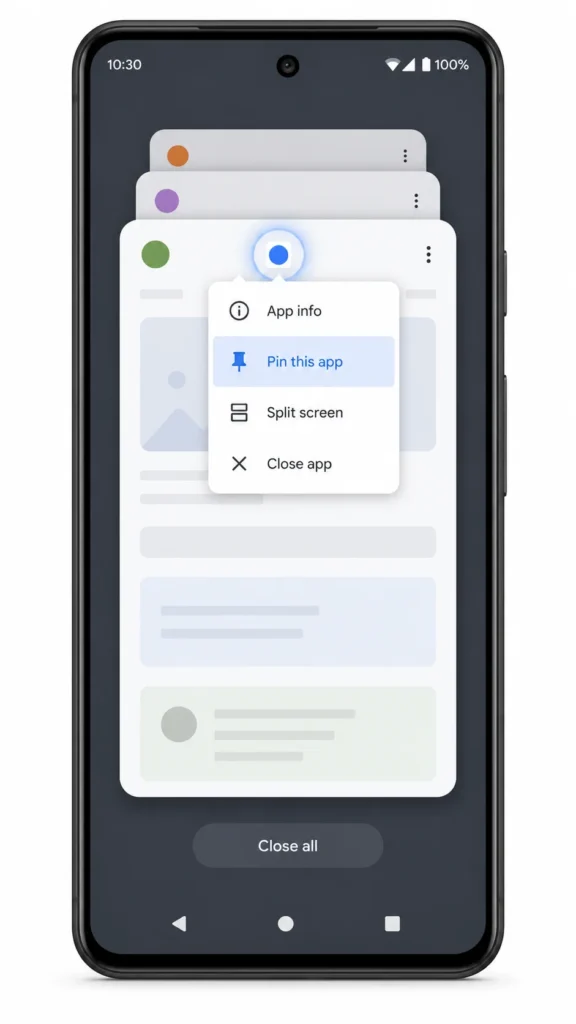 Android phone showing Recents screen with Pin this app option highlighted, demonstrating how to use screen pinning on Android to lock phone to one app