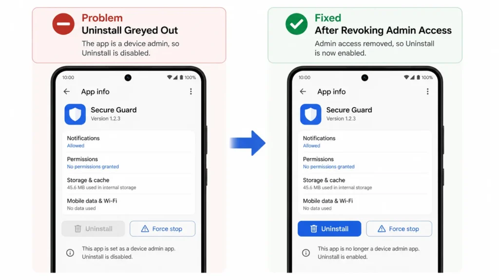 Flowchart diagram helping users decide which Android app removal method to use based on their specific situation including normal apps, bloatware, and greyed out uninstall button