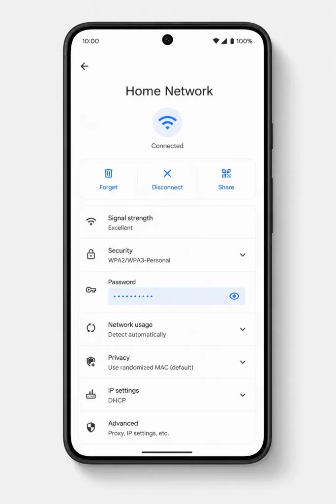 Android phone screen showing WiFi network details with eye icon to view saved WiFi password on stock Android