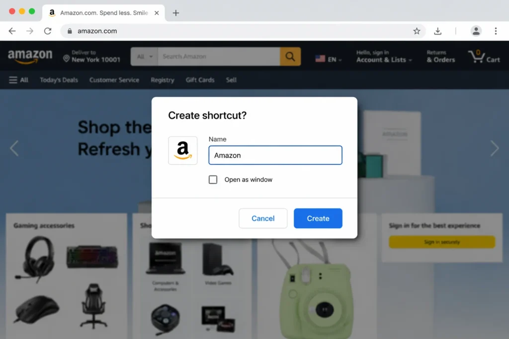 Screenshot of Chrome Create shortcut dialog showing text input field with website name and Open as window checkbox option.