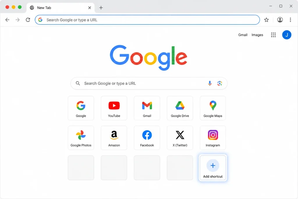 Screenshot of Chrome New Tab page showing website shortcut tiles in a grid layout with the Add shortcut plus button highlighted.