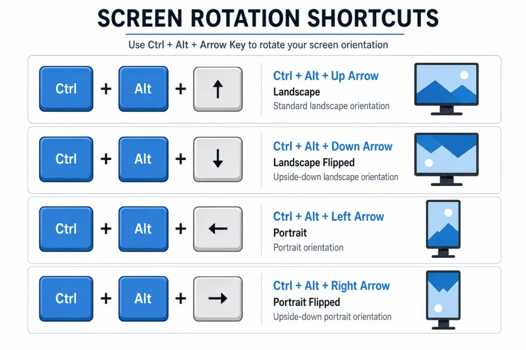 Keyboard diagram showing Ctrl+Alt+Arrow key combinations for rotating screen in different orientations