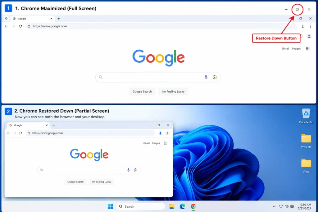 Two-step screenshot showing restore down button in top-right corner of maximized Chrome window, then the restored window positioned to show desktop for drag-and-drop shortcut creation.