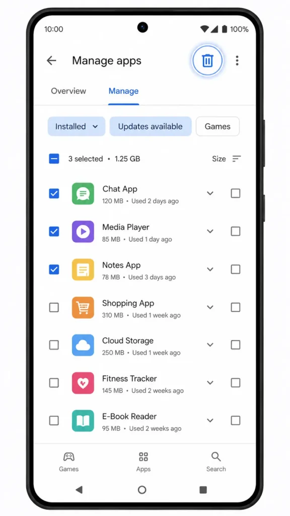 Google Play Store Manage apps screen on Android showing multiple apps selected with checkboxes for batch deletion using the trash icon