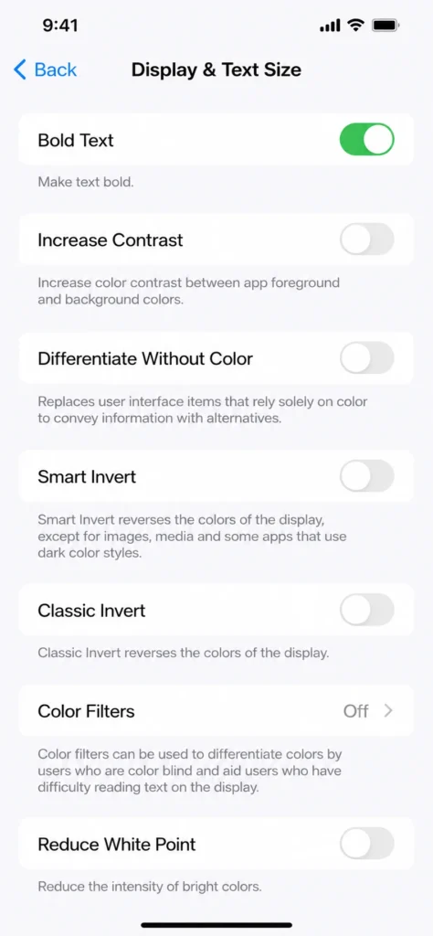 Screenshot of iPhone Accessibility settings showing Bold Text toggle enabled in the ON position within Display & Text Size submenu