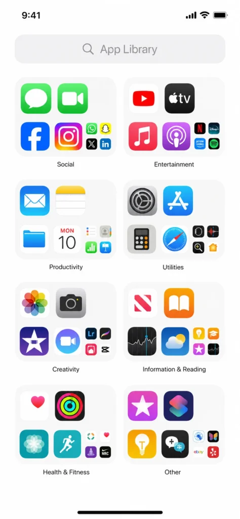 Screenshot of iPhone App Library showing organized category folders including Social, Entertainment, and Productivity where hidden apps can be found
