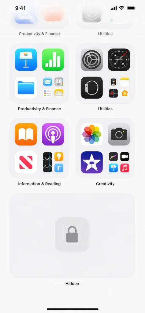 Screenshot showing the Hidden folder at the bottom of iPhone App Library with lock icon overlay on iOS 18