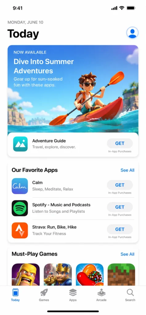 Screenshot showing the profile icon in the top right corner of iPhone App Store where account and purchase history are accessed