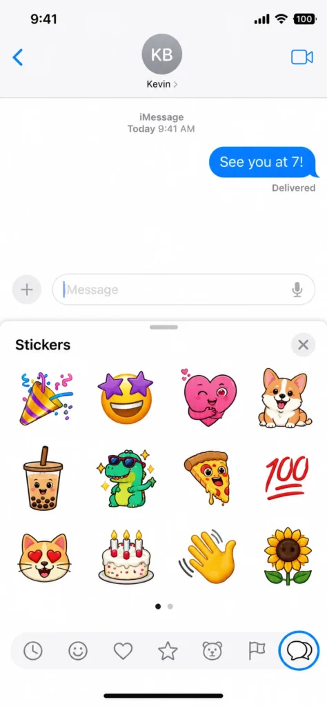 iPhone emoji keyboard showing the Stickers tab highlighted on the far right with custom emoji stickers displayed in the grid above