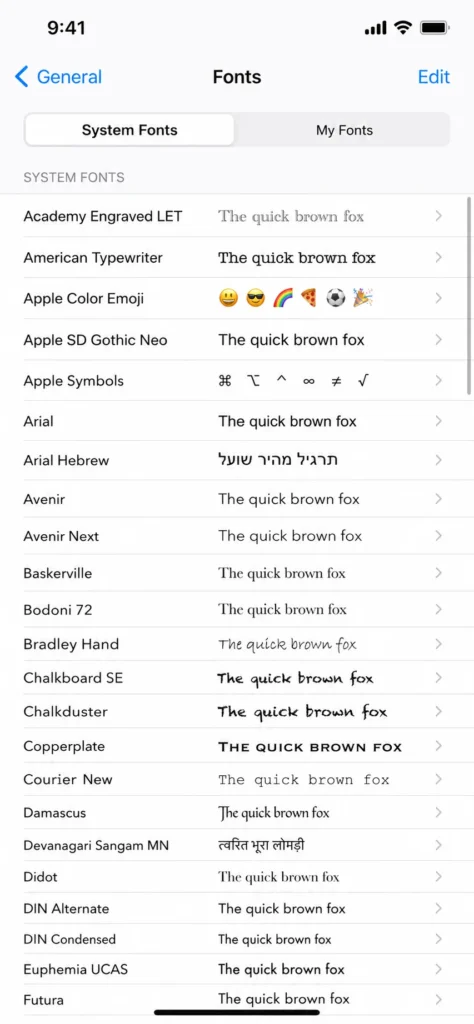 Screenshot showing iPhone Fonts menu with System Fonts tab active, displaying list of available free Apple fonts including Zapfino, Noteworthy, Chalkboard, and others ready to download