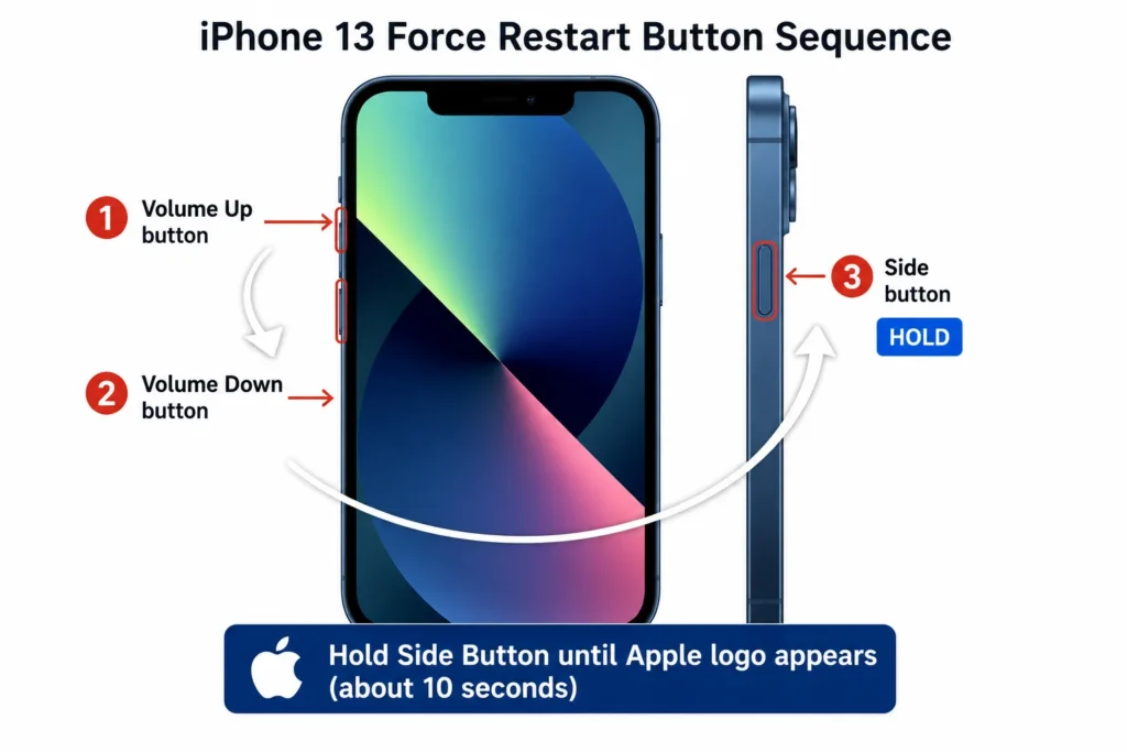 Diagram showing the correct button sequence to force restart an iPhone 8 or newer phone to fix white horizontal lines on phone screen