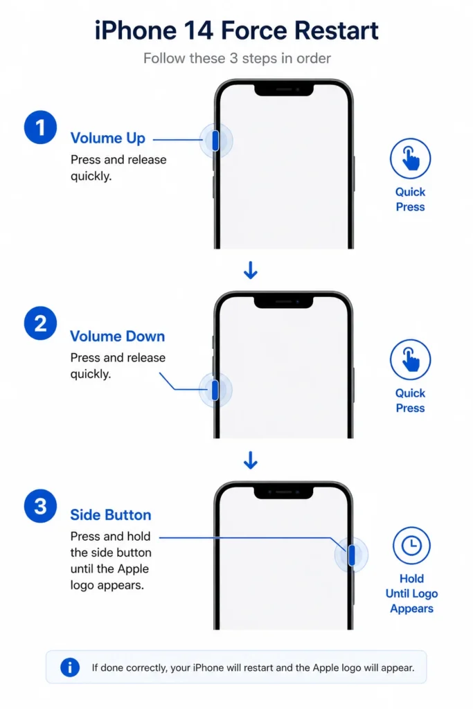 iPhone force restart button sequence diagram showing Volume Up, Volume Down, and Side Button press order for iPhone 8 and later