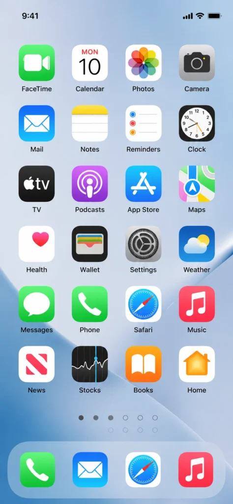 Screenshot showing iPhone home screen page indicator dots at bottom with dimmed/unchecked circles indicating hidden pages on iOS