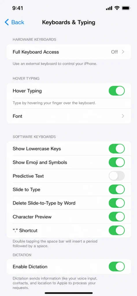 Screenshot showing iPhone Accessibility Keyboards & Typing menu with Hover Typing toggle enabled in the ON position and Font selection option visible below for iOS 18 and newer