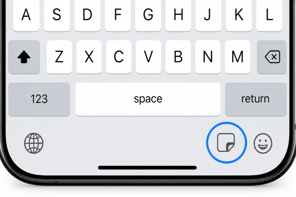 iPhone keyboard showing the sticker icon highlighted as the second button from the right side of the keyboard menu