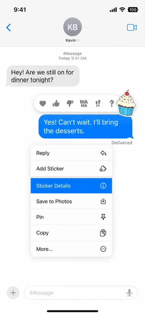 iPhone iMessage screenshot showing the context menu with Sticker Details option highlighted, appearing when long-pressing a message bubble with a sticker decoration